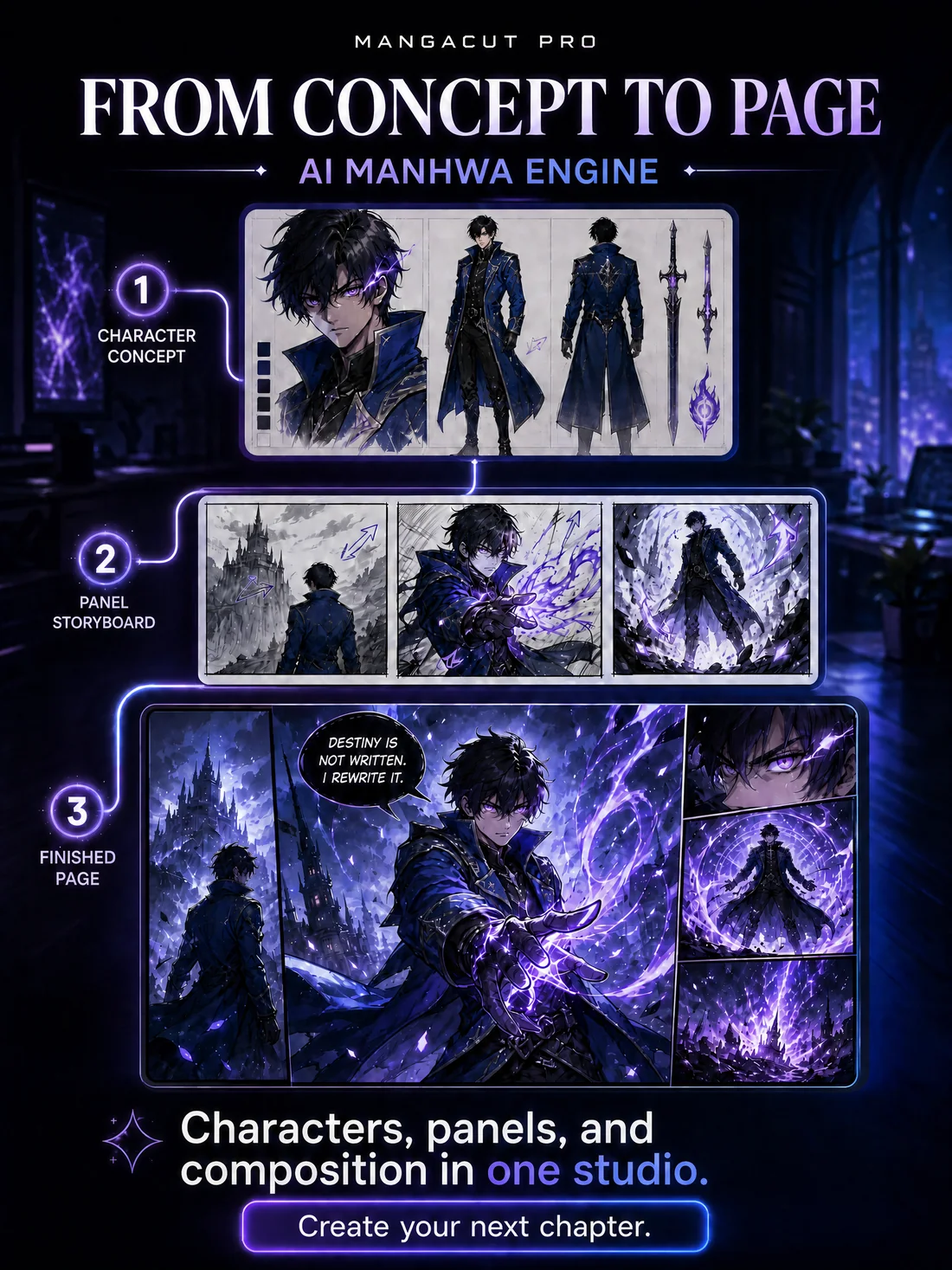 AI Manhwa Engine workflow: character concept, panel storyboard, and finished page.